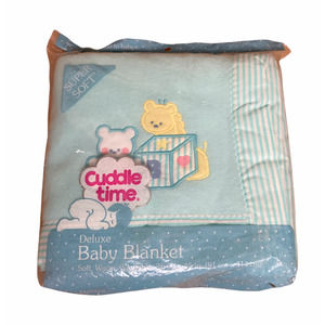 Vintage Baby Blanket Cuddle Time Blue Blocks Teddy Bear Tiboro 36"x45" New USA